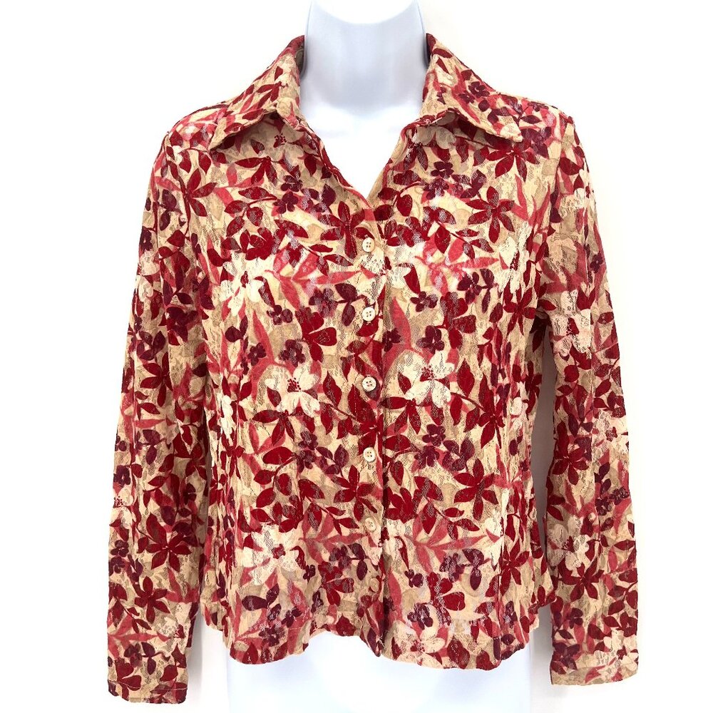 Vintage Y2K Whimsigoth Fairy Floral Lace Mesh Size M Button Up Blouse Grunge Top